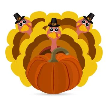Turkeys cartoon with pumpkins Stock Illustration