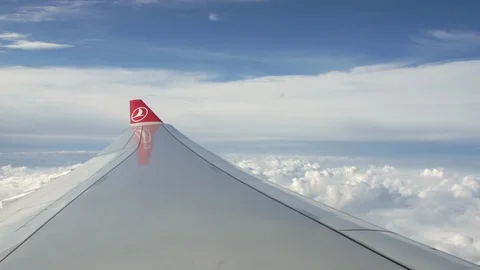 Turkish Airlines Wingtipand clouds in the Sky. Wide Angle 스톡 동영상 87914939