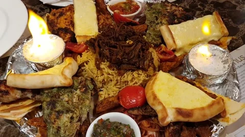 Turkish and Arabic Platter. Arabic Cuisine: Middle Eastern traditional lunch Stock Footage 141357418