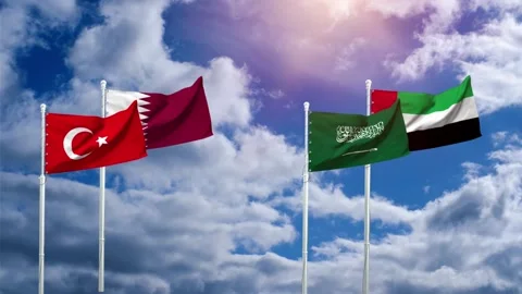 Turkish and Middle Eastern Flags Waving Gracefully Under a Cloudy Sky Stock Footage 334925589