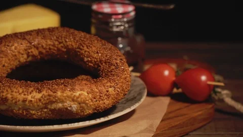 TURKISH BAGEL WITH SESAME TABLE Stock Footage 110761401