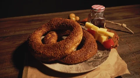 TURKISH BAGEL WITH SESAME TABLE Stock Footage 110761690