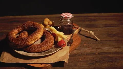 TURKISH BAGEL WITH SESAME TABLE Stock Footage 110762209