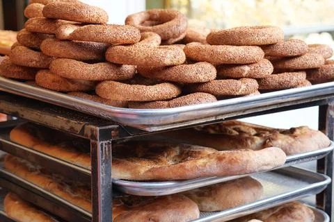 Turkish Bagel Simit stack up Stock Photos