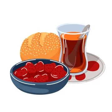 Turkish breakfast with fresh pogaca bread, a bowl of strawberry jam and hot Stock Illustration
