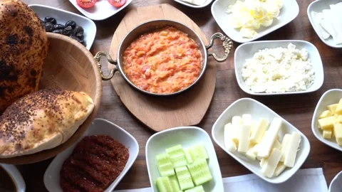 Turkish breakfast set of dishes on a table in a beautiful order. Stock Footage 150094178