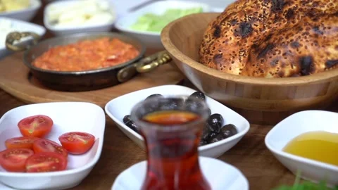 Turkish breakfast set of dishes on a table in a beautiful order. Stock Footage 150094359