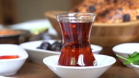 Turkish breakfast set of dishes on a table in a beautiful order. Stock Footage 150094425