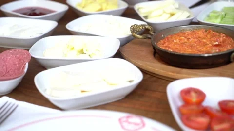 Turkish breakfast set of dishes on a table in a beautiful order. Stock Footage 150094447