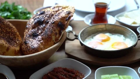 Turkish breakfast set of dishes on a table in a beautiful order. Stock Footage 150094547