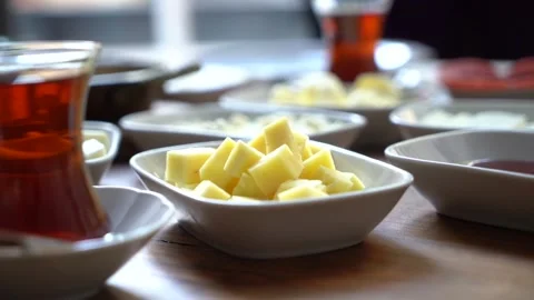 Turkish breakfast set of dishes on a table in a beautiful order. Stock Footage 150094606