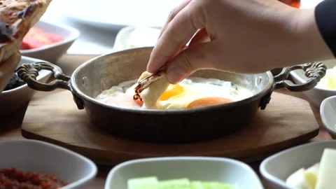 Turkish breakfast set of dishes on a table in a beautiful order. Stock Footage 150094636