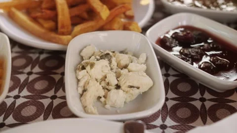 Turkish breakfast set of dishes on a table. Stock Footage 253873392