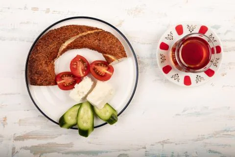 Turkish breakfast with simit and tea Stock Photos