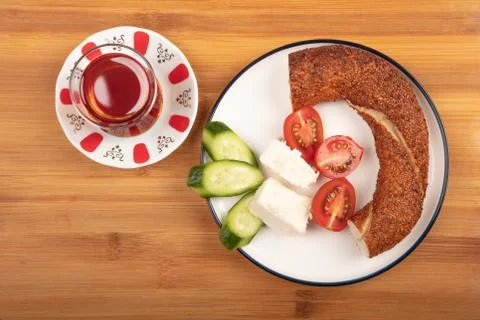 Turkish breakfast with simit and tea Stock Photos