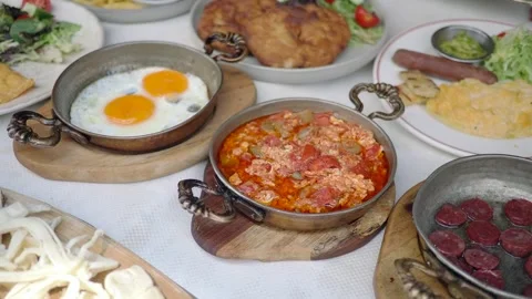 Turkish breakfast  on a table at a restaurant Stock Footage 341731111