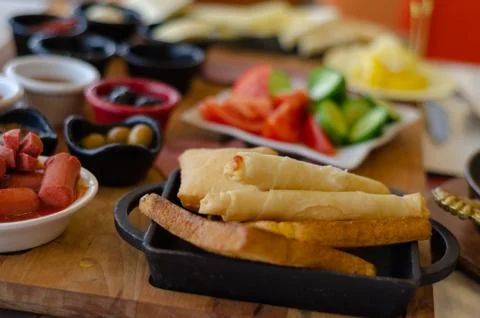 Turkish Breakfast on the table,close up, Stock Photos