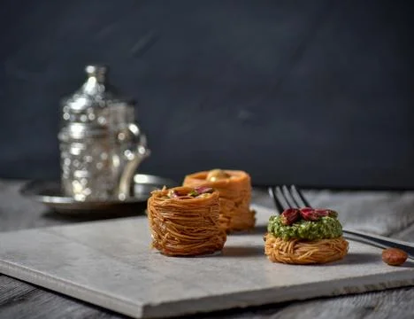 Turkish cofee and Middle Eastern dessert with on a stone plate Stock Photos