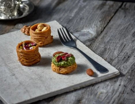Turkish cofee and Middle Eastern dessert with on a stone plate Stock Photos