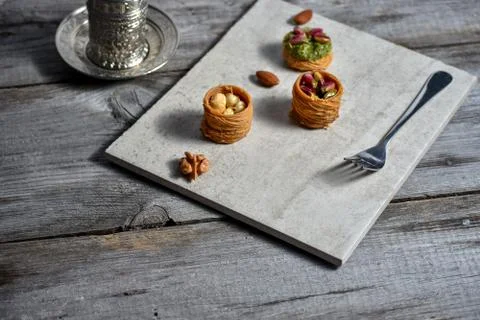 Turkish cofee and Middle Eastern dessert with on a stone plate Stock Photos