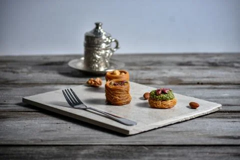 Turkish cofee and Middle Eastern dessert with on a stone plate Stock Photos