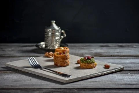 Turkish cofee and Middle Eastern dessert with on a stone plate Stock Photos