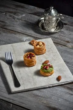 Turkish cofee and Middle Eastern dessert with on a stone plate Stock Photos