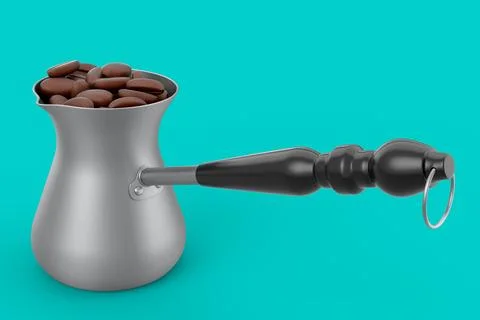 Turkish coffee cooked in sand or maker cezve with coffee bean on green Stock Illustration