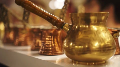 Turkish coffee maker or cezve on a sale. Stock Footage 107776238
