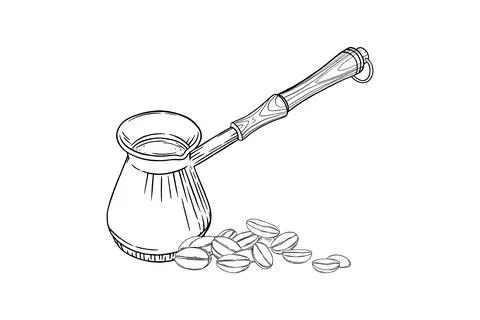 Turkish coffee pot with beans. Side view of cezve pot with arabic coffee beans Stock Illustration