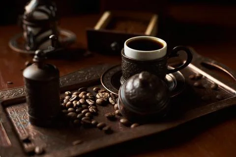Turkish coffee set with coffee beans Stock Photos