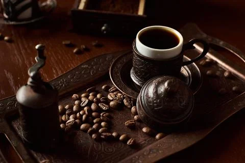 Turkish coffee set with coffee beans Stock Photos