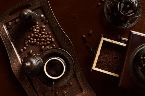 Turkish coffee set with coffee beans Stock Photos