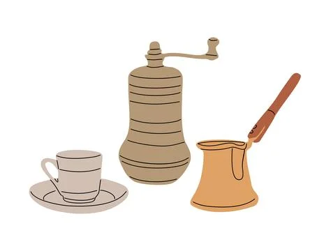 Turkish coffee set, pot, grinder vector isolated. Stock Illustration