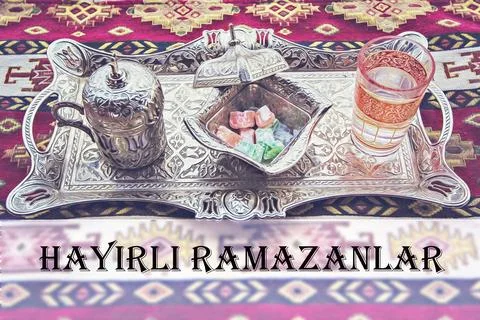 Turkish coffee with sweets on silver tray Hayirli Ramazanlar greeting Stock Illustration