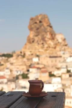Turkish coffee on a table with a beautiful mountain view Stock Photos