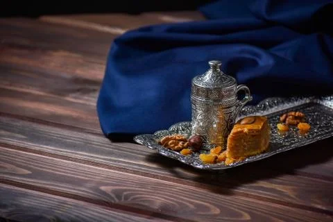 Turkish Coffee Turkish Delight. Assorted nuts and sweets on the plate. Stock Photos