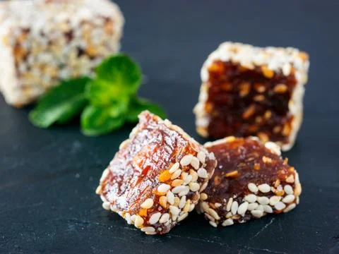 Turkish delight on black rustic background 스톡 사진