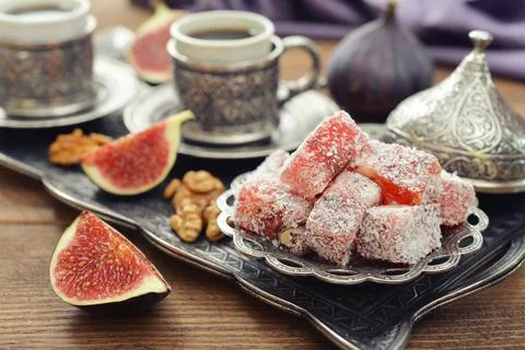 Turkish delight with coffee Stock Photos