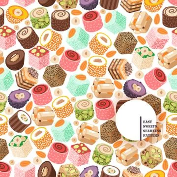 Turkish delight, eastern sweets vector illustration. Seamless pattern with Stock Illustration