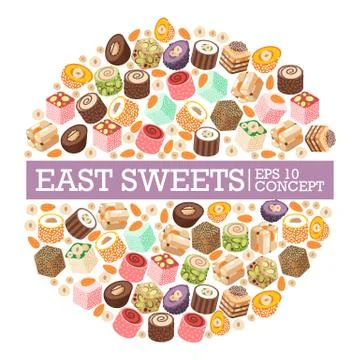 Turkish delight eastern sweets, vector illustration in round frame composition Stock Illustration