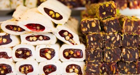 Turkish delight with hazelnut pistachio Stock Photos