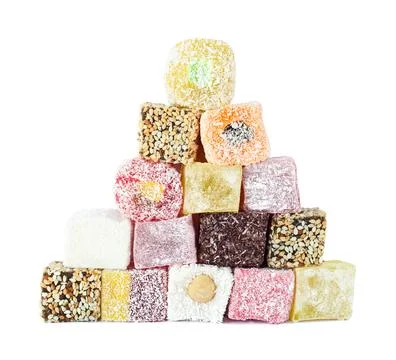 Turkish delight in pyramid shaped stack 스톡 사진