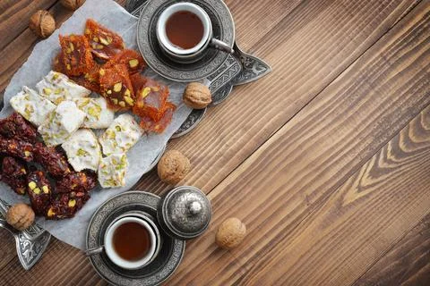 Turkish delight with tea Stock Photos