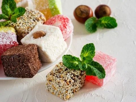 Turkish delight on white rustic background 스톡 사진