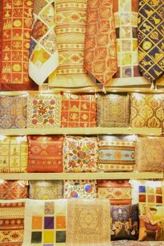 Turkish design pillows stack pile cafe or restaurant, shisha hookah terrace Stock Photos