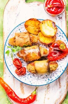 Turkish dish of eggplant parmak-koft Stock Photos