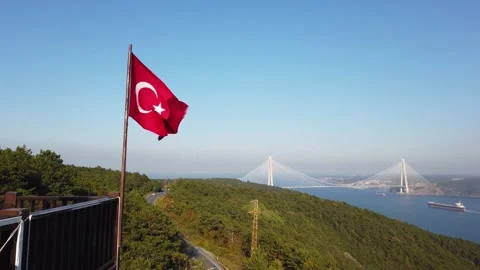Turkish flag and 3rd bridge Stock Footage 233942814