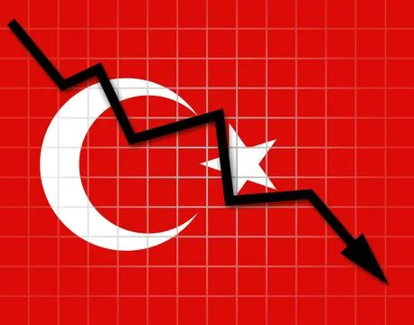 The Turkish flag and arrow graph going down Stock Illustration