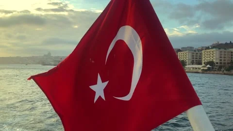 Turkish flag on the background of the Bosphorus. Turkey flag close-up. The Video stock 201152916